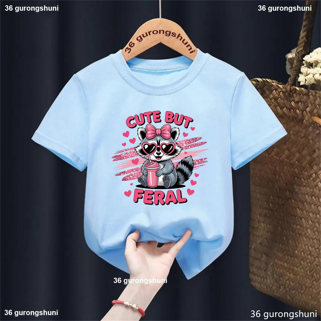 Cute But Feral Raccoon Shirt Funny Raccoon Drinking Milk Tea Cartoon Animal Print Tshirt Girls Fashion Girls Clothes Shirt Tops