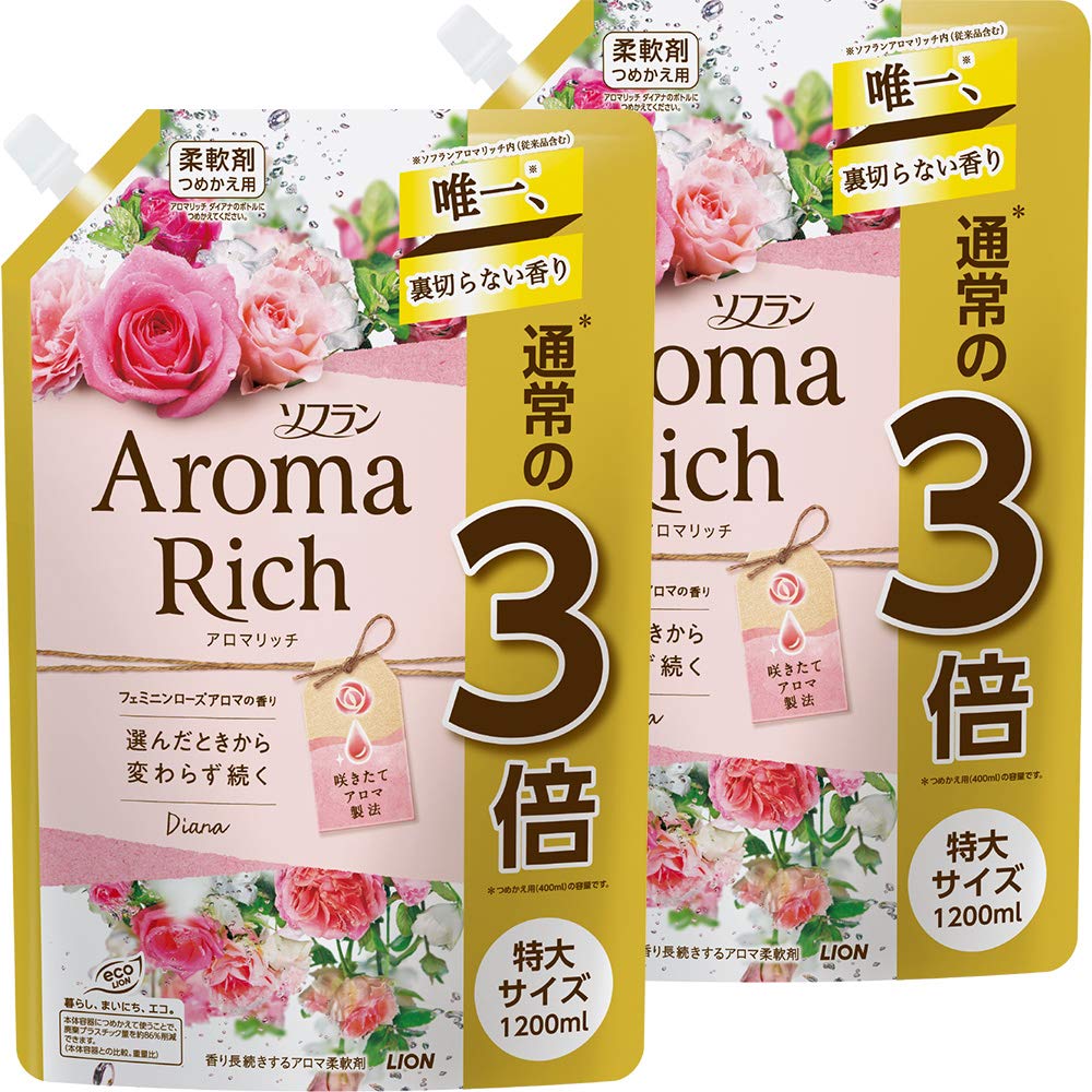 SOFLAN Aroma Rich Diana Rose Fabric Softener Extra Large 1200ml X [Bulk Purchase] (Feminine Aroma) Refill, 2-Pack