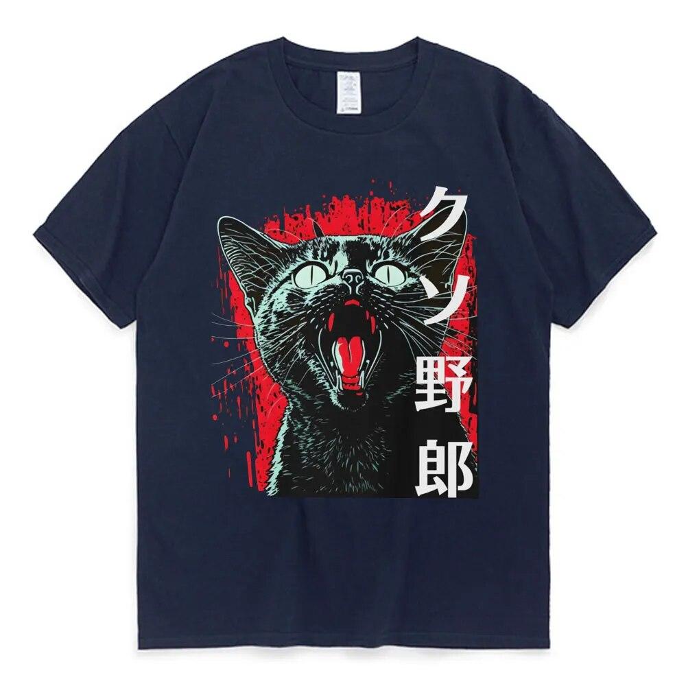Žhavé vtipné japonské kotěcí tričko Cat Horror pro unisex ženy Letní bavlněné tričko Harajuku Streetwear Trička s krátkým rukávem Topy