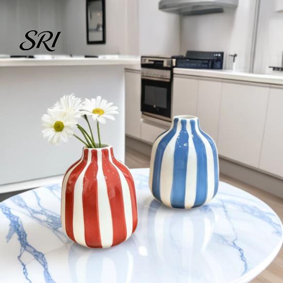 Vaso Smaltato ad Alta Temperatura Ceramica a Strisce Dipinto a Mano Moderno Nordico Boho Piccolo Contenitore Decorativo per Fiori per Tavolino Cucina Interno