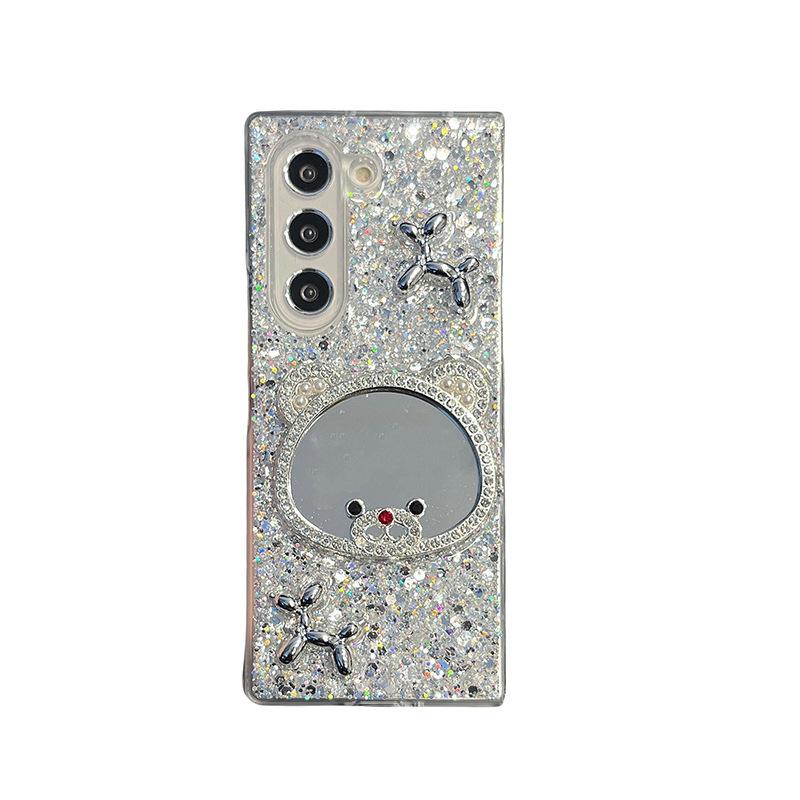 Water Diamond Love Bear Mirror Phone Case for Samsung ZFLP6 Flip Up Folding Screen ZFold 5 Glitter Women