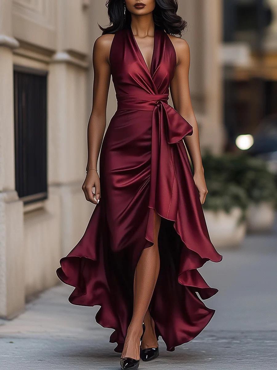 European Satin V-Neck Sleeveless Elegant Ruffle Dress (2026) XXL вино красного