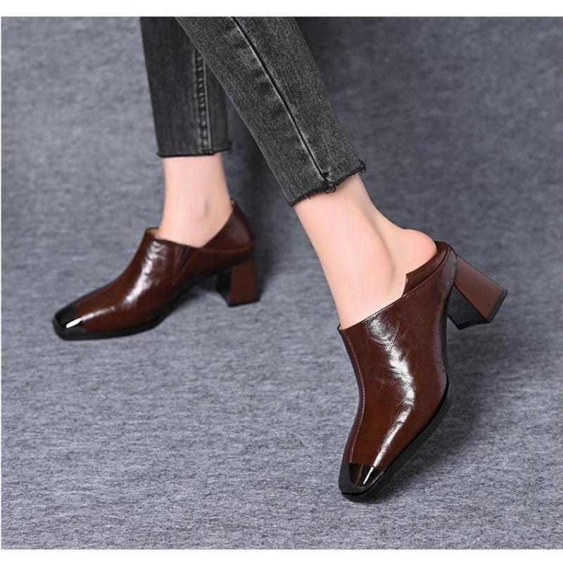 Elegant Pumps Short Boots Women's Ankle High Heels Soft Leather Slippers Woman Deep Mouth Metal Head Thick Heel Shoes Loafers