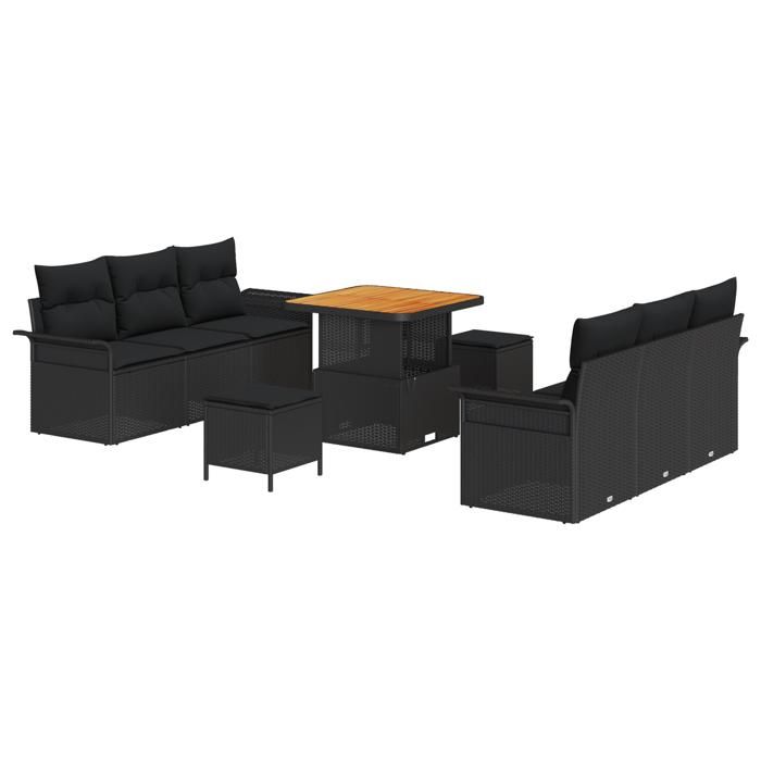 VidaXL Ensemble de canapé de jardin 9 pièces avec coussins noir poly rattan acacia 3362084