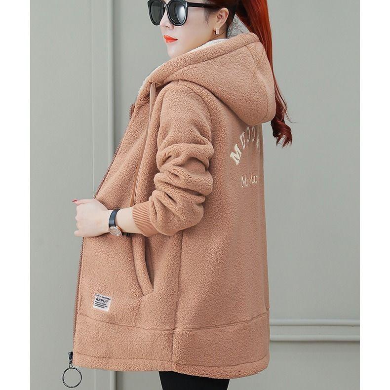 Add Velvet and Thick Coat Loose Large Size Women's Fashion Autumn Winter Hooded Student Cardigan Imitation Lamb Woolen Coat