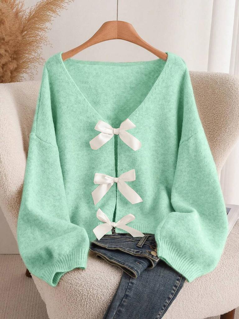 Design bow knitted cardigan autumn and winter new loose versatile lazy style knitted sweater
