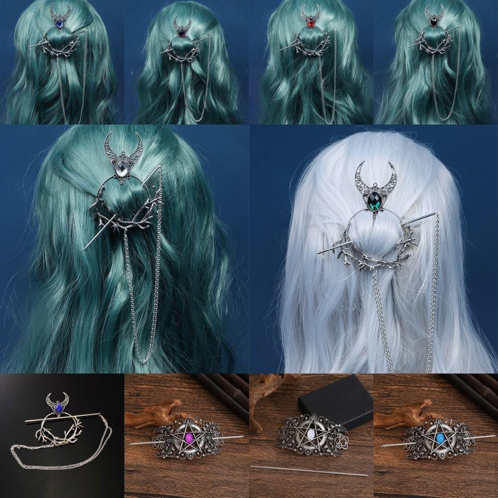 Beautiful Crescent Branch Gothic Hair Stick Antiqued Retro Pentagram Hairpin for Women