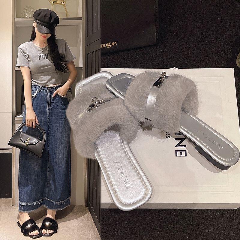 Mao Mao slippers women's metal buckle one-word slippers personalized flat bottom