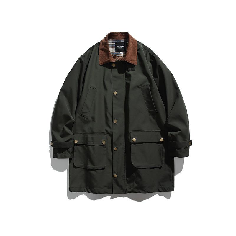 

Southern summer disguise autumn new Japanese splicing collar long tooling trench coat retro couple casual coat XXL армія зелений колір