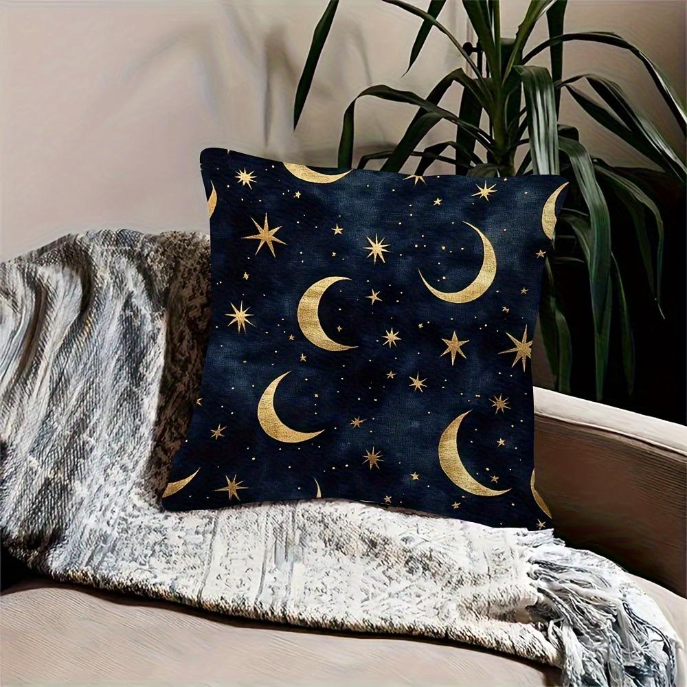 Midnight Blue Crescent And Star Double-Sided Decorative Pillowcase, Golden Galaxy Pattern Cushion Cover For Sofa Bedroom