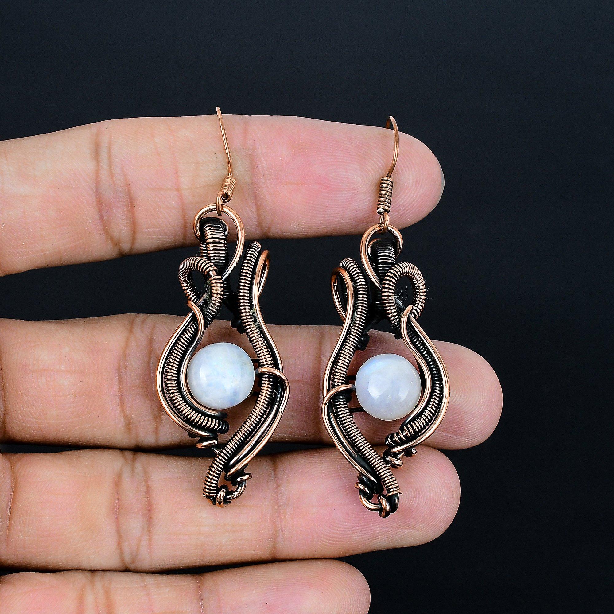

Rainbow Moonstone Earrings, Gemstone Handmade Pure Copper Wire Wrap Jewelry Earrings, Love Forever Gift 2.95 Inches белый