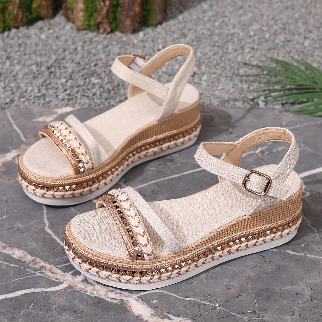 Women'S Espadrille Wedge Sandals with Braided Rope and Rivet Details – Comfortable Open Toe Platform Heels, Beige and Brown Color Scheme
