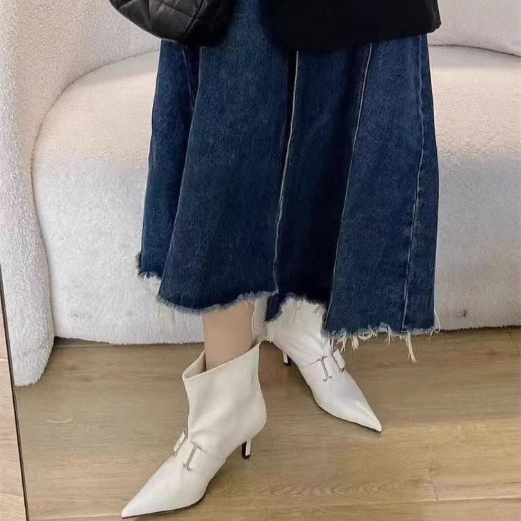 Fashion Best - Selling Black Pointed Toe Kitten Heel Ankle Boots, Women's Metal Buckle Fashion Commute Boots