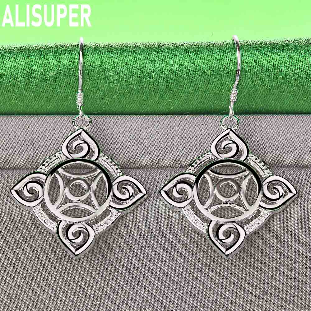 925 Sterling Silver Auspicious Square Ruyi Openwork Earrings - Fashion Gift Jewelry