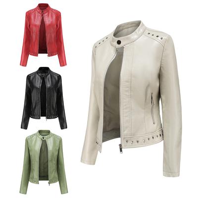 New Stand-up Collar Leather Jacket Women's Solid Color Casual Jacket Women's Spring and Autumn Coat Women's Clothing