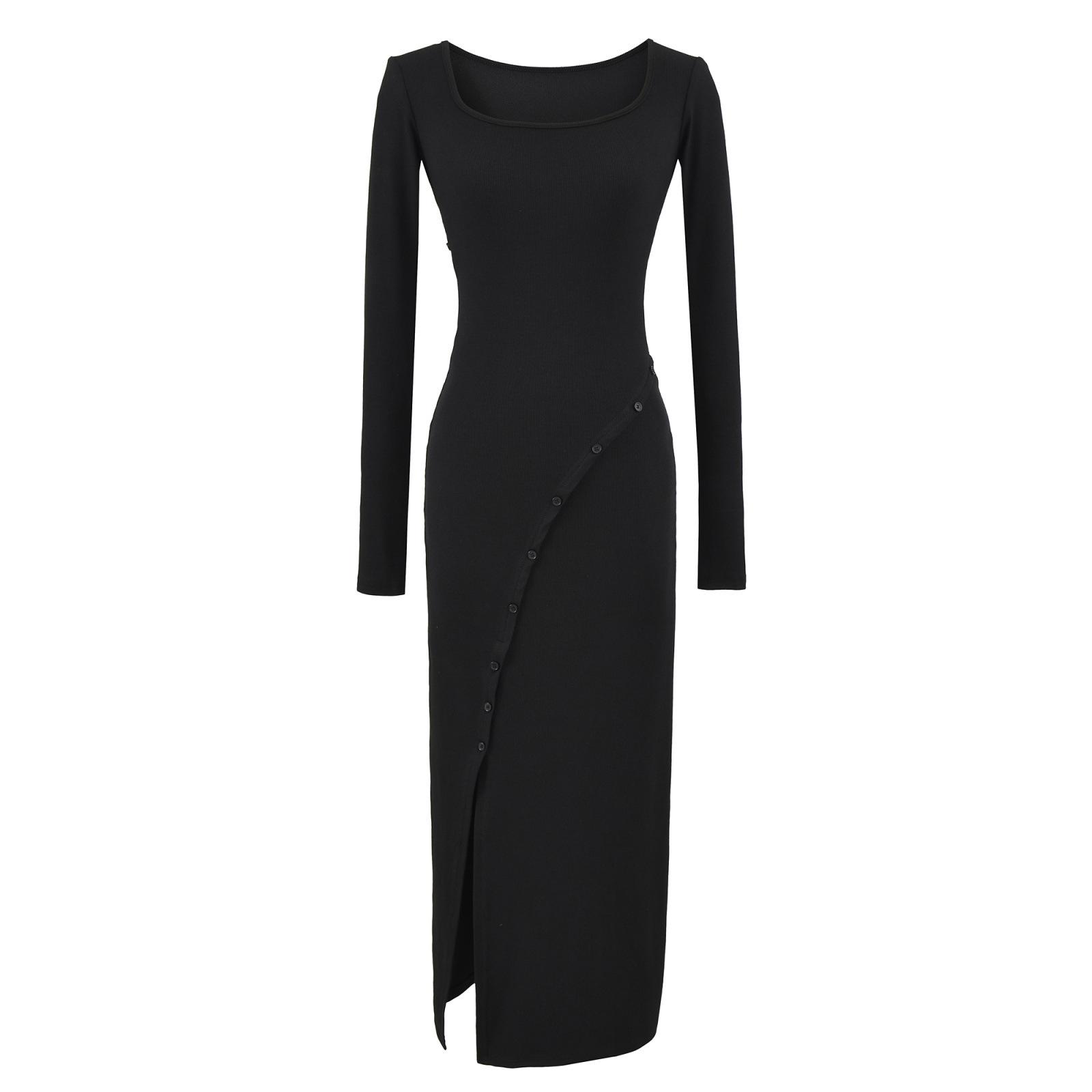YPFF Trendy Retro High-Waisted Side Slit Long-Sleeve Bodycon Dress Small чёрный