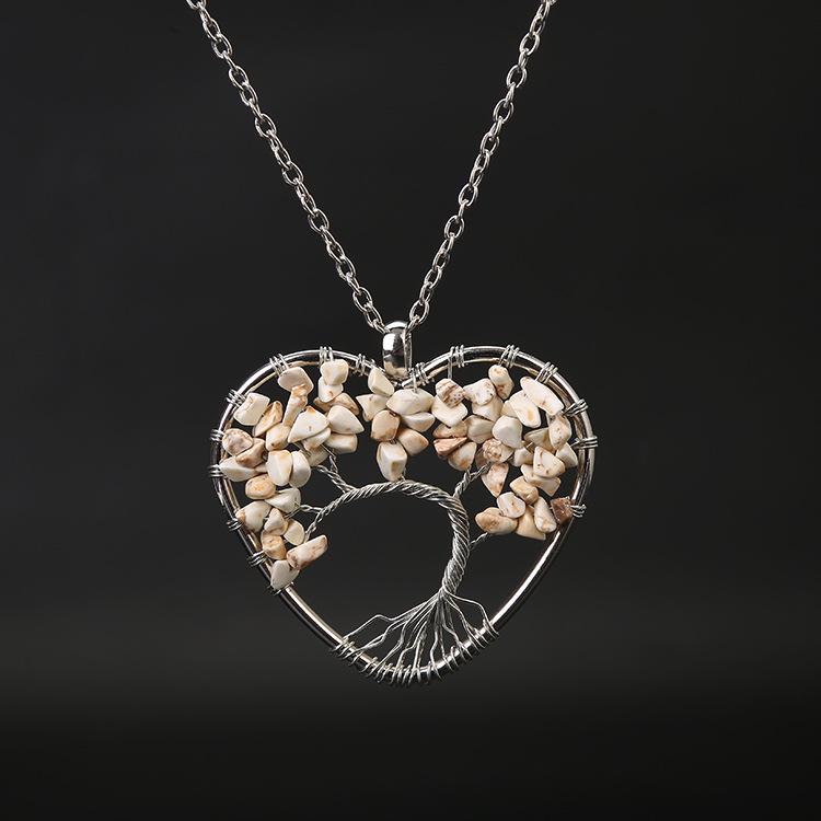 Seven-Color Heart-Shaped Tree of Life Necklace with Natural Stone Crystals