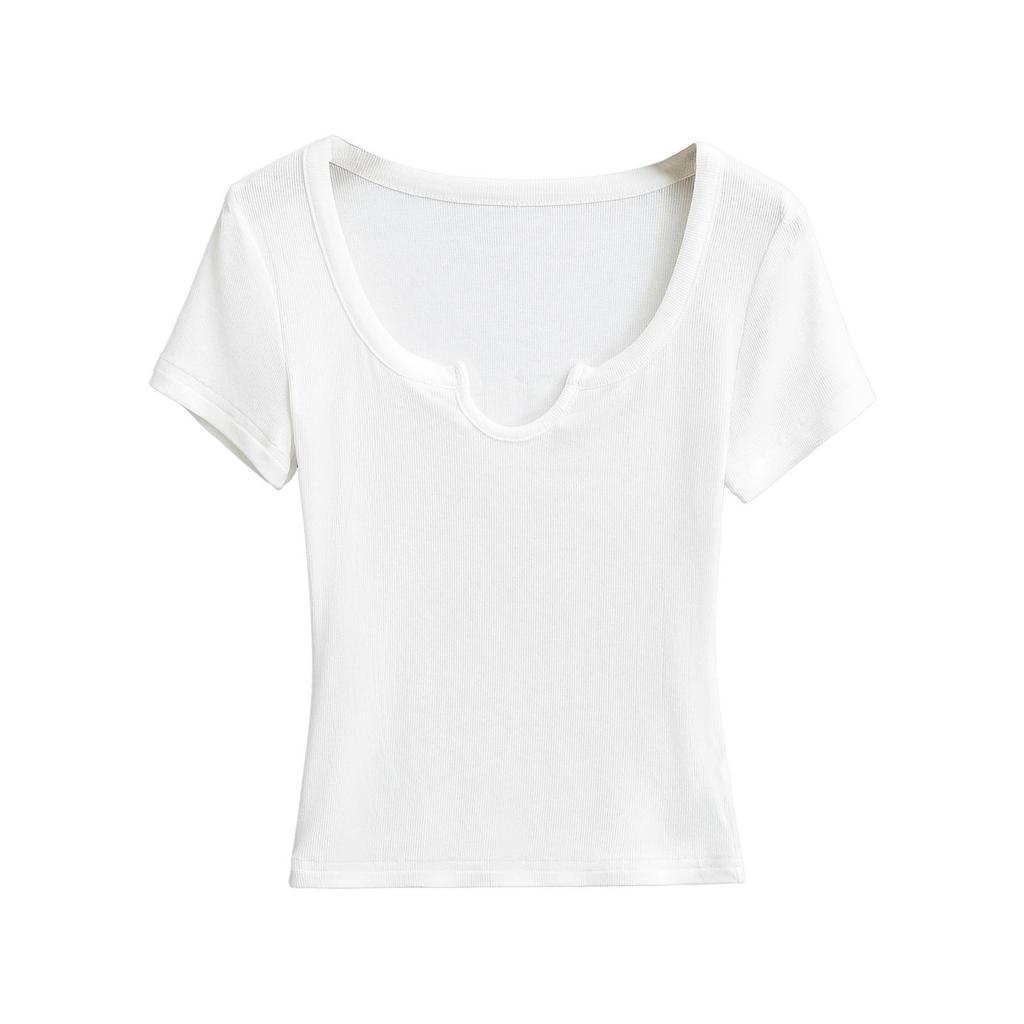 Summer 2025 European & American Style Ribbed Slim Fit U-Neck Short Sleeve Top