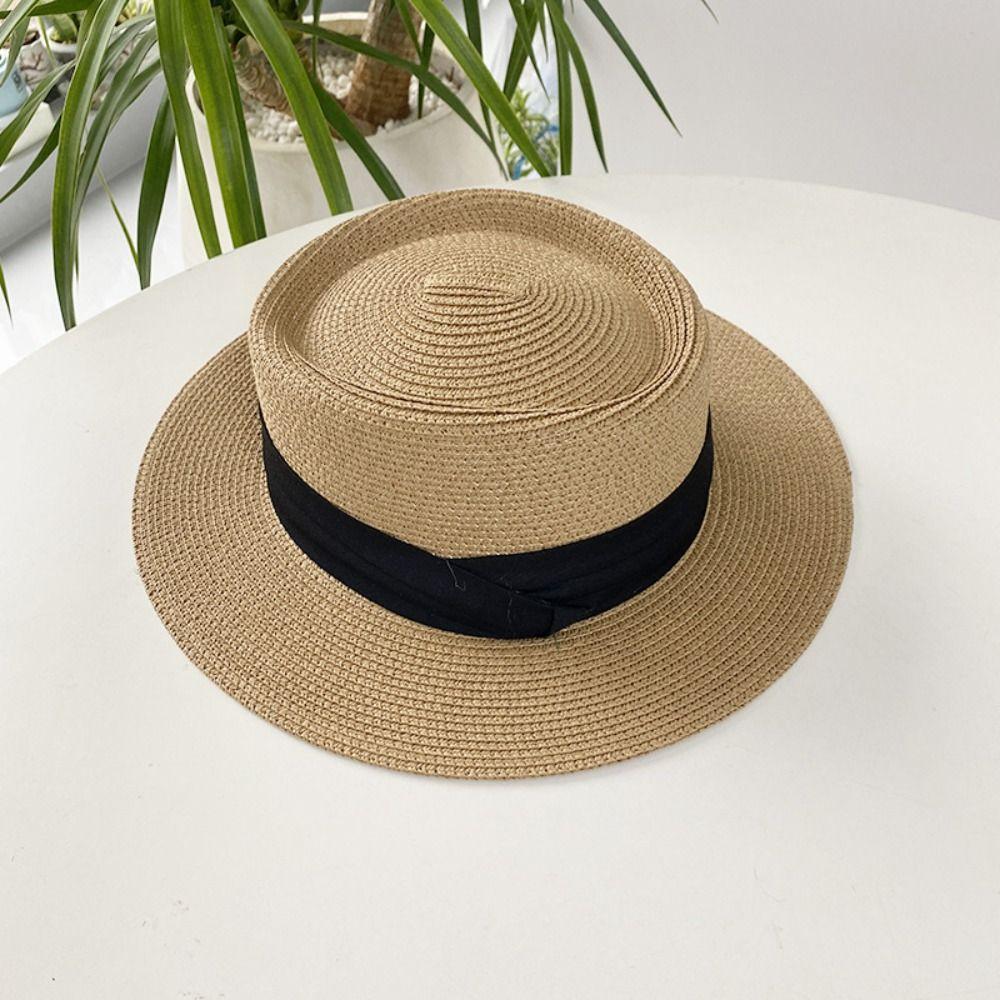 Wide Brim Straw Woven Hat Flat Brim Women's Sun Hat Retro Sunscreen Bucket Hat  Ladies