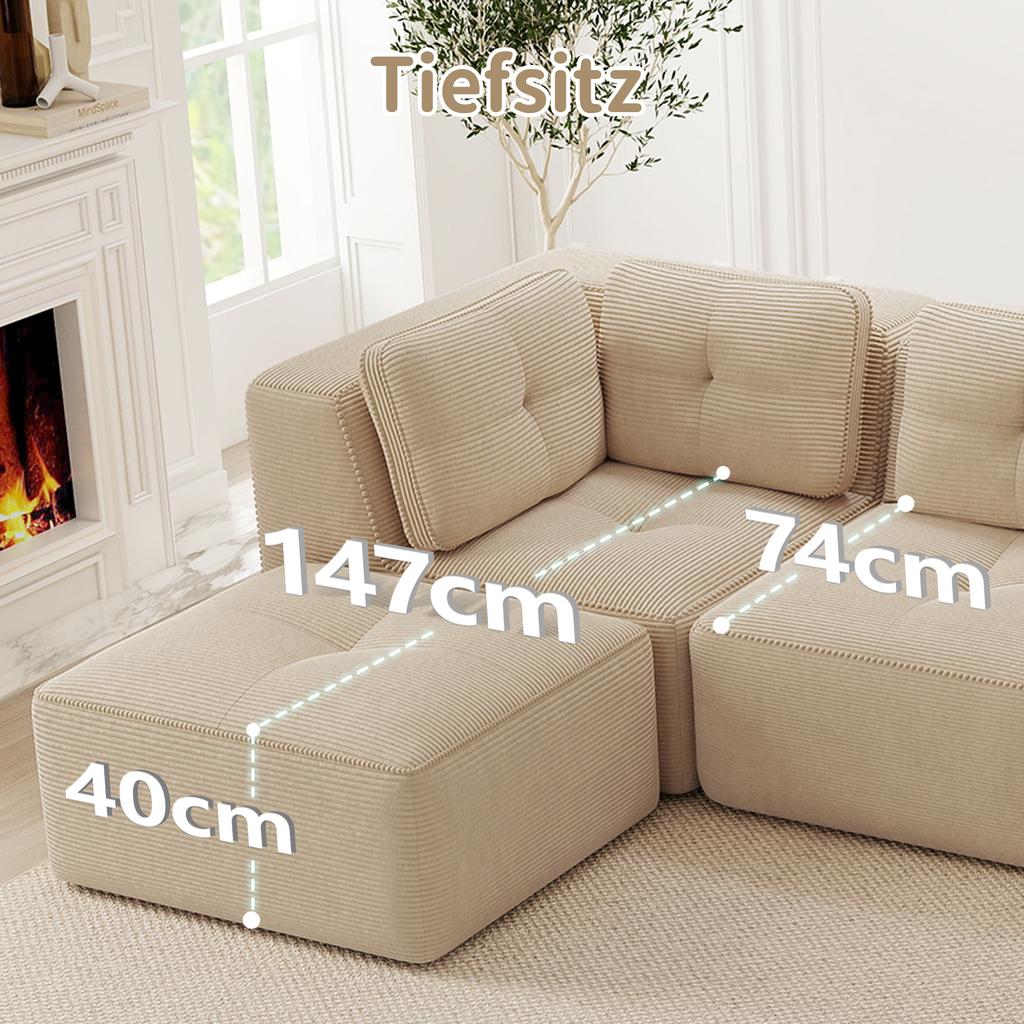 Modular corner sofa, two-seater, frameless L-shaped sofa with movable footrest, corduroy fabric, suitable for living room and bedroom, Beige