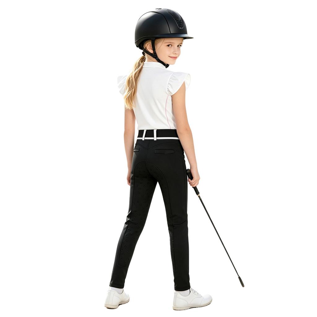 Kids Girls Equestrian Training Set Zip Stand Collar Ruffled Sleeve Contrast Trim Top and Non-slip Full Seat Riding Pants for Competition