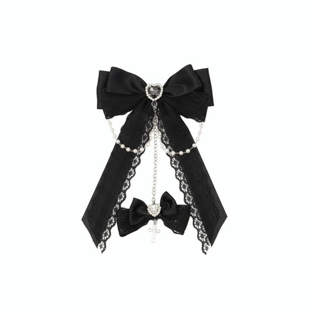 Chain Detail Lace Bow Hair Clips Rhinestone Decoration Side Barrettes Hair Clip  Punk Style