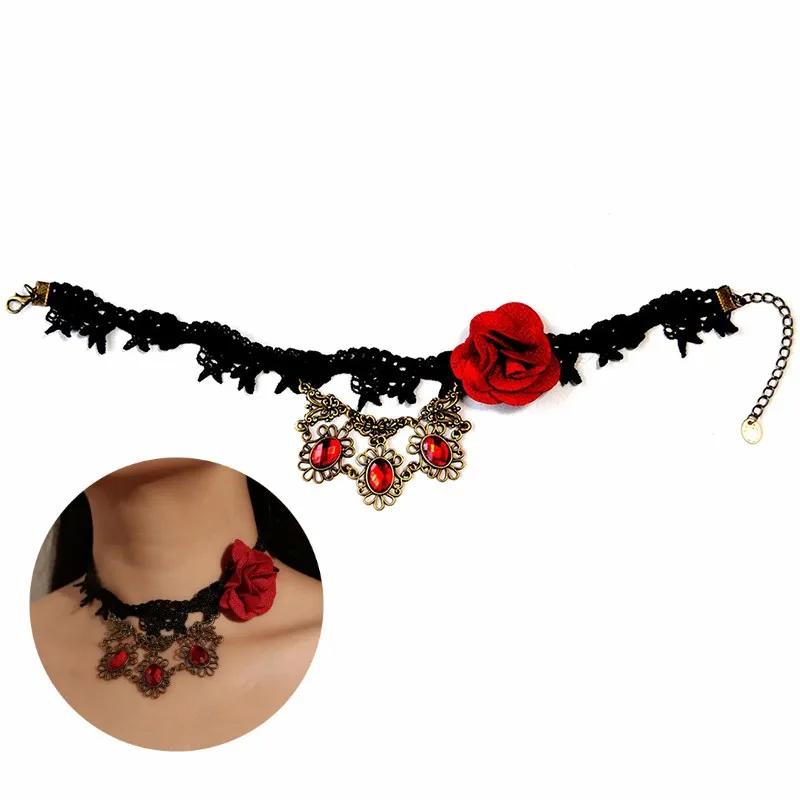 Collares Sexy Gothic Chokers Crystal Gear Chain Black Lace Neck Choker Necklace Vintage  Women Chocker Steampunk Jewelry