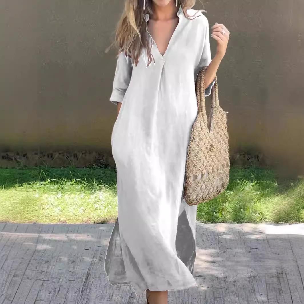

Women s Three-quarter Sleeve V-neck with Slits On Both Sides Casual Long Dress XXXL білий