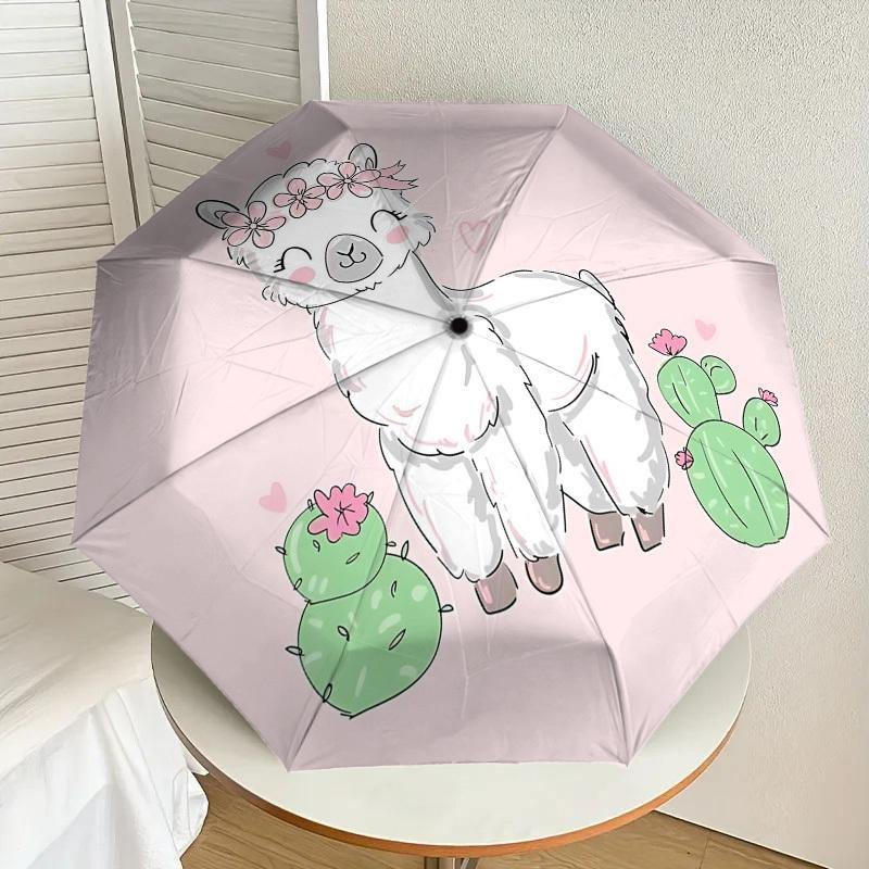 1pc Llama Cactus Automatic Folding Umbrella 8 Rib Iron Frame, Compact Portable Umbrella Suitable for Travel, Daily Use, Birthday, Women & Men Gift 016