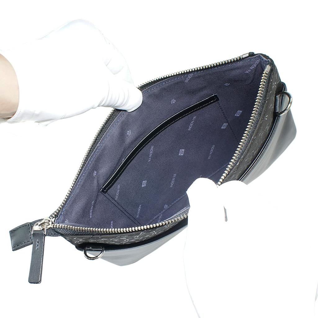 Inden Umhängetasche Sacoche Crossbody Hirschleder Schwarz x Schwarz Lack Libellenmuster [Indenya] 6614-01-008