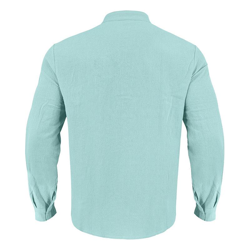 Linen T-Shirt Men Henley Neck Pocket Casual Beach Long Sleeve Solid Color Male Tops Vintage Streetwear TShirts