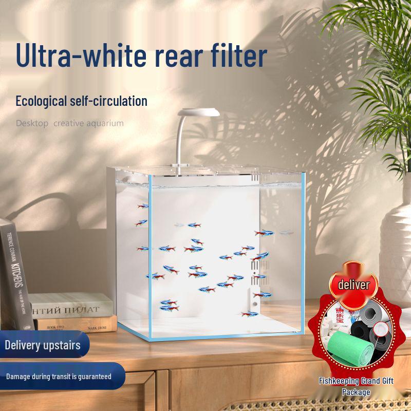 Compact Ultra-White Glass Fish Tank with Back Filter - Minimal Maintenance Desktop Aquarium for Goldfish
