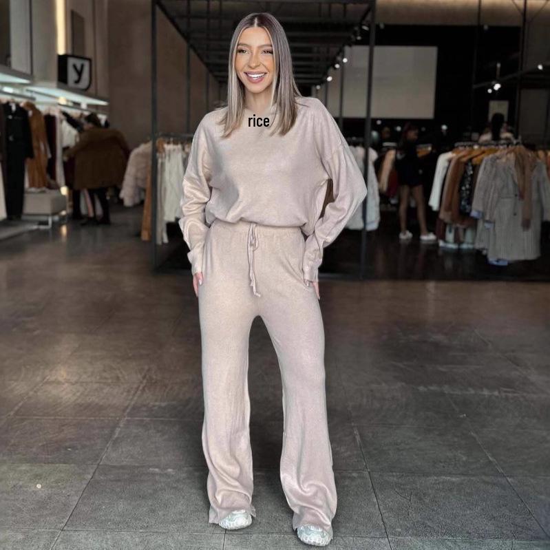 2025 Summer Fashion: European & American Loose Long-Sleeve Round Neck Solid Color Two-Piece Set