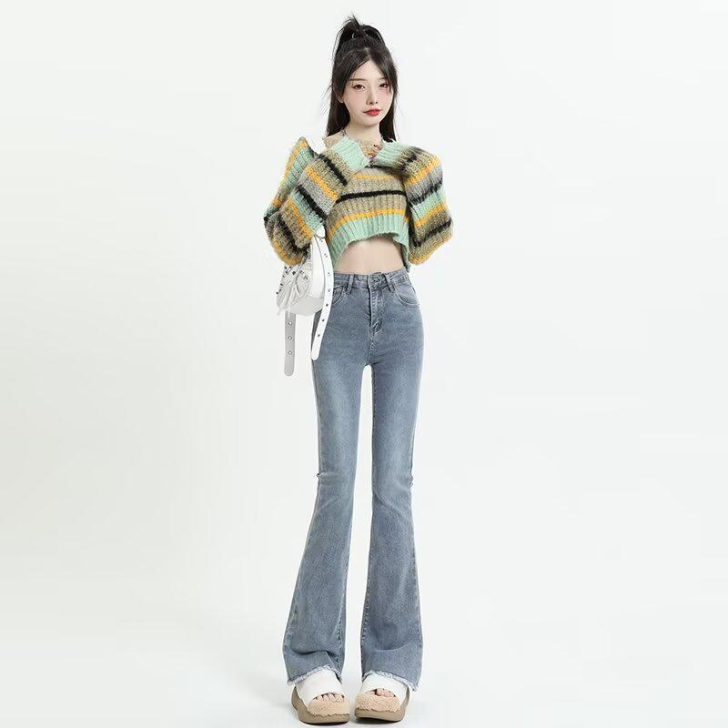 

Женские джинсы с высокой посадкой, облегающие, микро-клеш, черно-серые, с эластичным необработанным краем Extra Large светло-синий