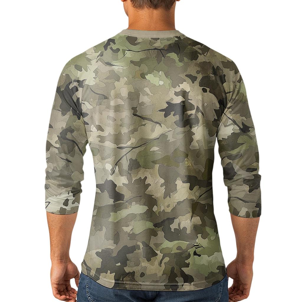 Men's Button-Down Contrast Raglan 3/4 Sleeve Top