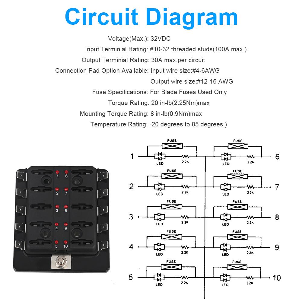 10 Way Blade Fuse Car Fuse Box Holder Block Warning Indicator Light Kit for Car Boat Marine 12V Power Distribution Panel Board Fuses4