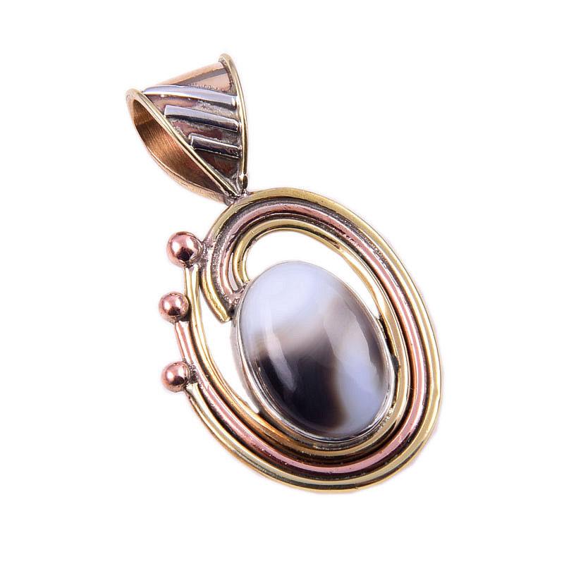 Natural Botswana Agate Gemstone 925 Solid Silver Two Tone Pendant 1.50'' M6W90