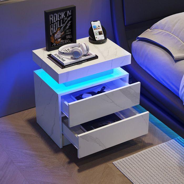 Table De Chevet LED - MUVOE - Blanc - 2 Tiroirs - Espace De Rangement - Design Moderne