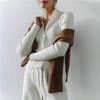 Women Zip Up Stand Collar Knit Top Slim Fit Long Sleeve Ribbed Knitwear Cropped Cardigan