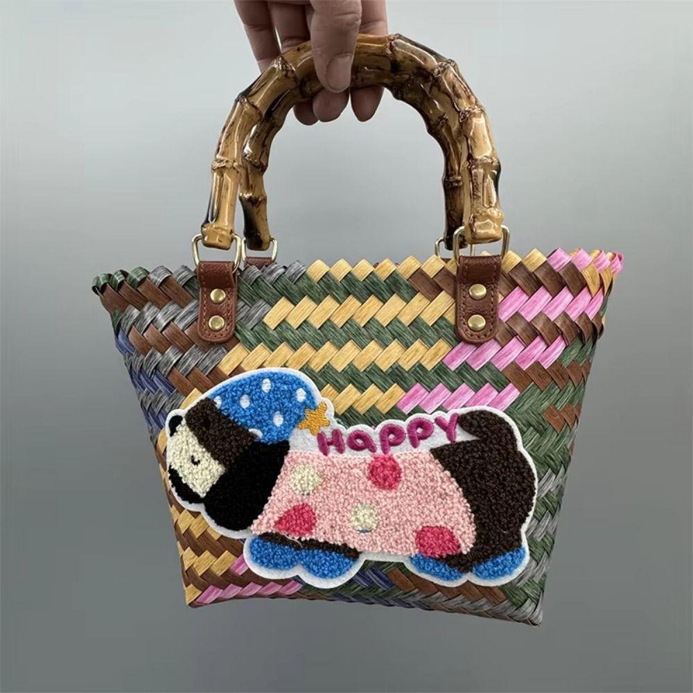 Puppy Pattern Retro Striped Woven Bag Bamboo Handle Summer Women's Handbag  Casual Shopping