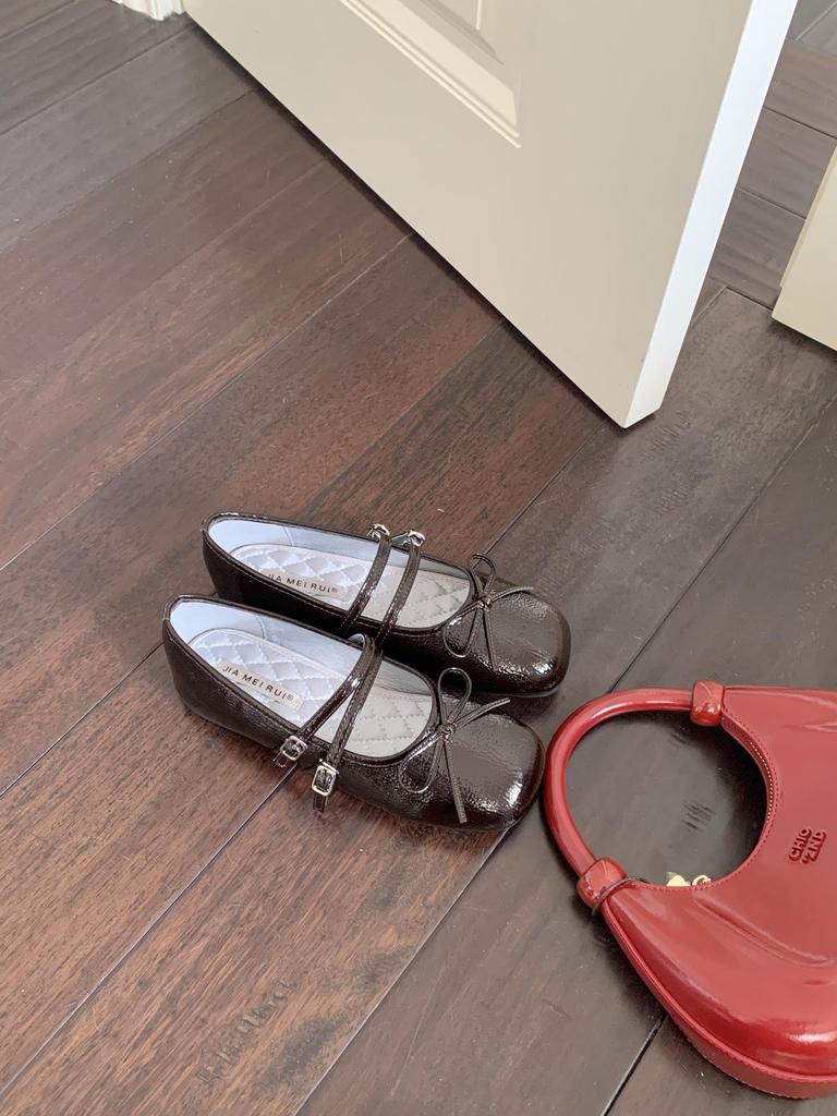 In Stock Rockfish Patent Leather Mary Jane Ballet Flats with Double Strap Bow - Women's Round Toe Low-Cut Shoes