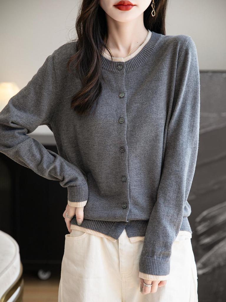 2025 A/W Women's Color Block Knit Cardigan - Fake Two-Piece, Round Neck, Long Sleeve, Loose Fit Sweater Coat