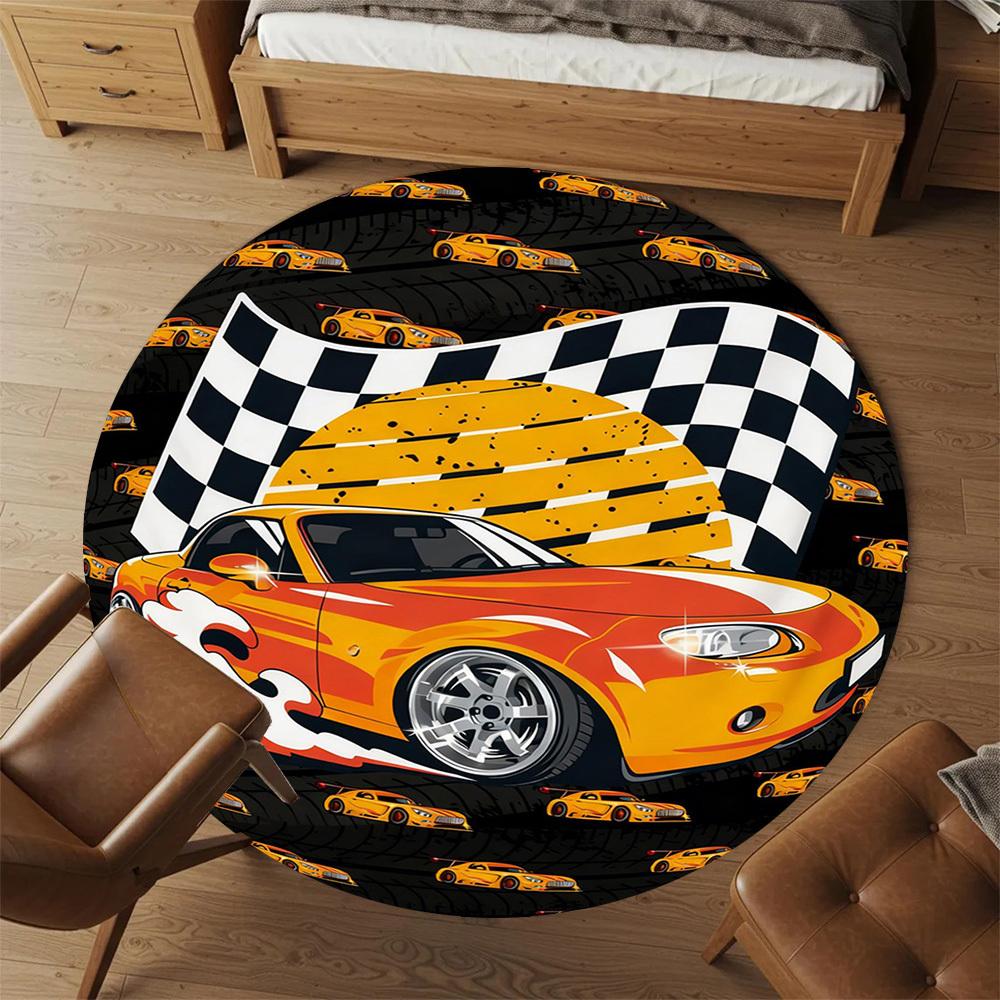 1PC Race Car Flag Round Chair Mat Area Rug - Non-Slip, Floor Mat for Office, Bedroom, and Indoor Decor -Gift D1127221