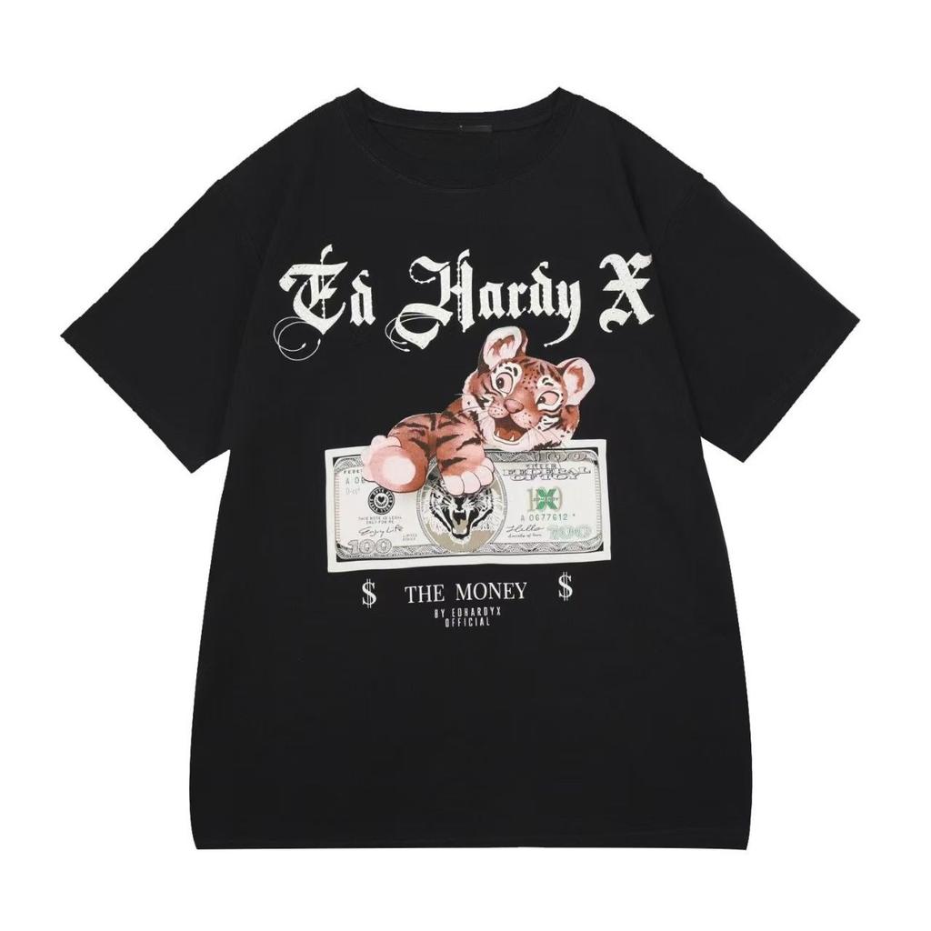 Ed Hardy X Black TShirt Mens Short Sleeve Tee with Tiger Money Graphic Streetwear Style for Fashion Enthusiasts