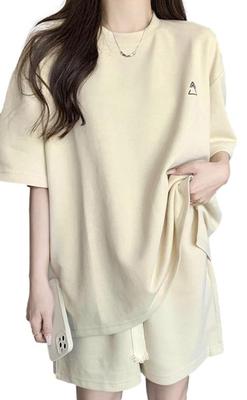 One Mile Sweatshirt und Hose Kurzarm und Loungewear Größe [1/2style] Damen Set, T-Shirt, (Off-White, L)