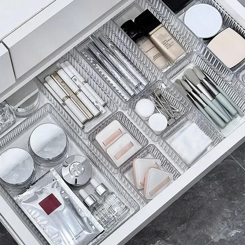 Unbegrenztes Schreibtisch-Schubladen-Organizer-Set, Kunststoff, Badezimmer-Aufbewahrung, Make-up-Organizer, durchsichtige Aufbewahrungsboxen, Behälter, Küchenhelfer
