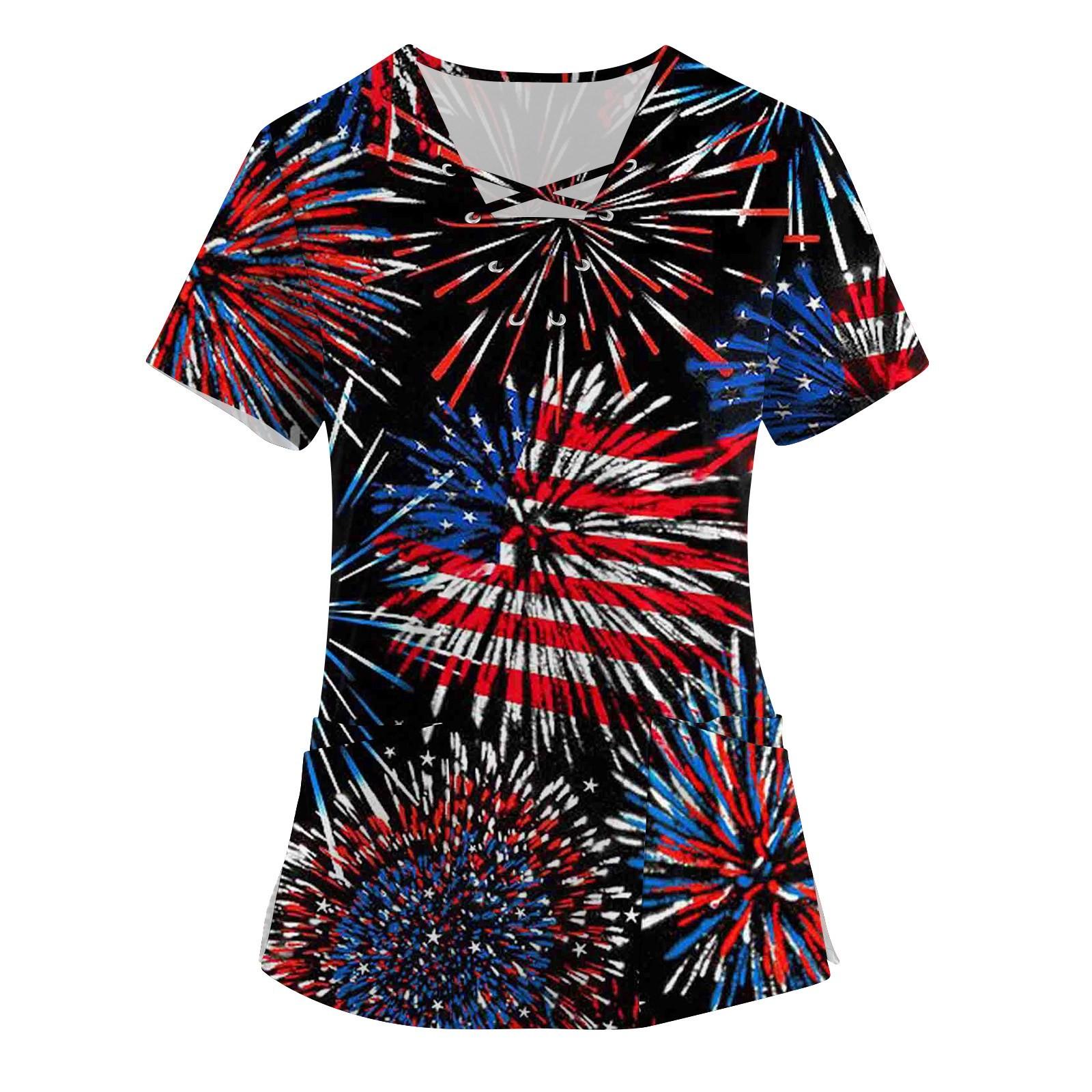 

Женская мода с коротким рукавом и v-образным вырезом на шнуровке с карманом и принтом ко Дню независимости M