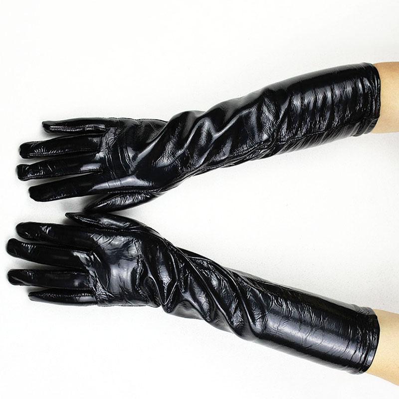 Yto Household Items Women's Long Patent Leather Gloves Sheepskin Thin Rayon Lining Sleeves Velvet Lining Autumn And Winter Warmth Finger Gloves Cm
