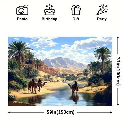 2D Palm Tree Desert River Background for Arabian Travel Theme Birthday Decoration