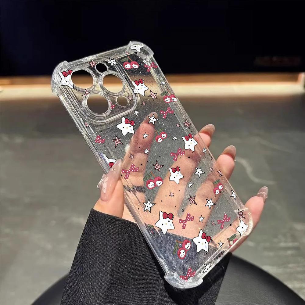 Cute girl cherry star cat suitable for iPhone17 glitter four corners mobile phone case 16 Apple all-inclusive transparent Apple 11